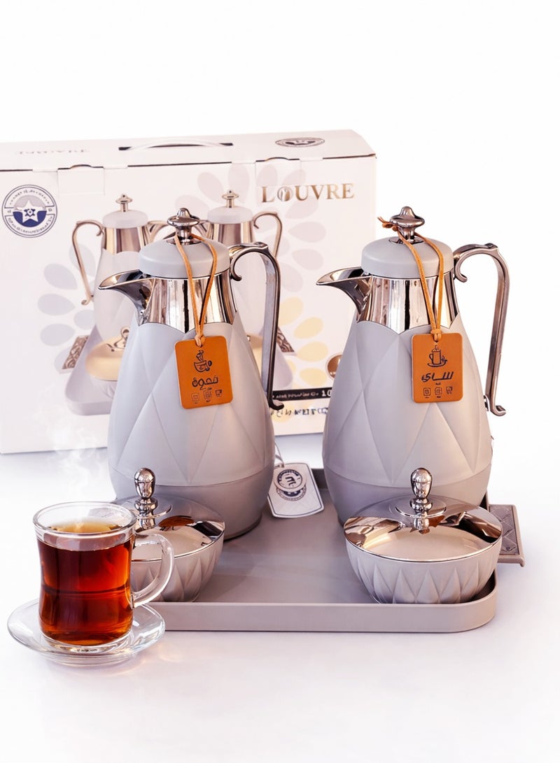 لوفر طقم ترامس شاي وقهوة فاخر بتصميم ماسي أنيق – عدد 2 ترمس مع صينية وعلب تقديم بغطاء – مثالي للضيافة والمناسبات - Image 3